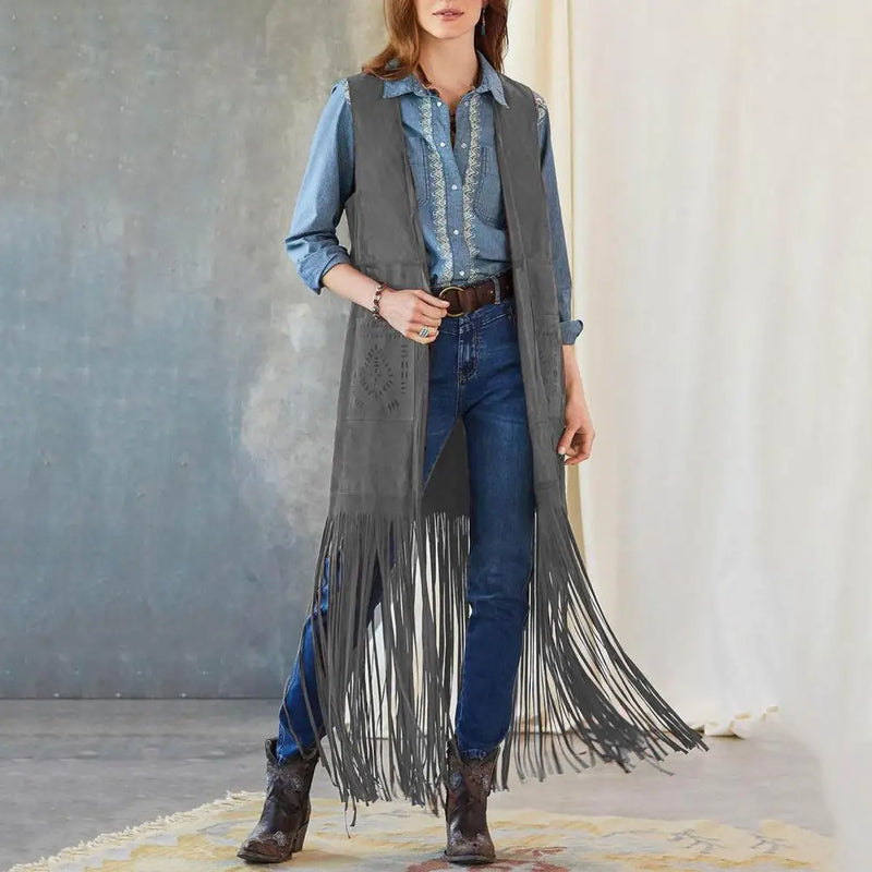 Western Fringed Vest Bohemian Fringe Vest Women's Sleeveless Cardigan with Tassel Detail Patch Pockets for Cowboy Cosplay