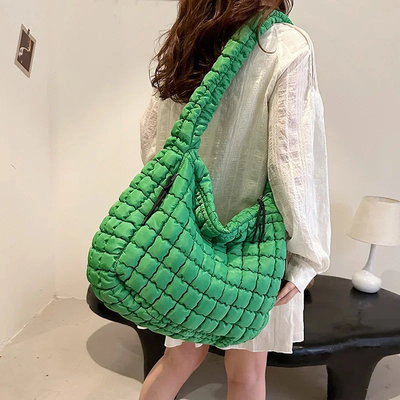 the PUFFY BOHO - Casual Ruched Hobos, Women Shoulder Bags, Quilted Padded Crossbody Bag, Large Capacity Nylon Puffer Tote Bag, Big Shopper Purses