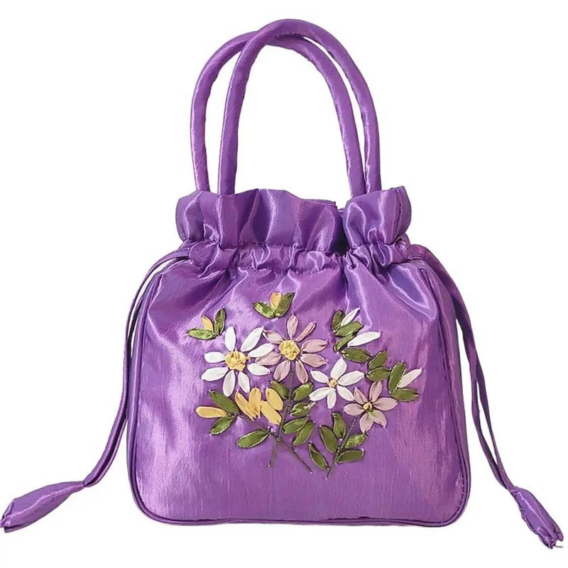 the SATCHEL - Retro Elegant Satin Silk Embroidery Totes for Women, Floral Drawstring Handbag, Woman Purse/Wallet Small Tote Bags