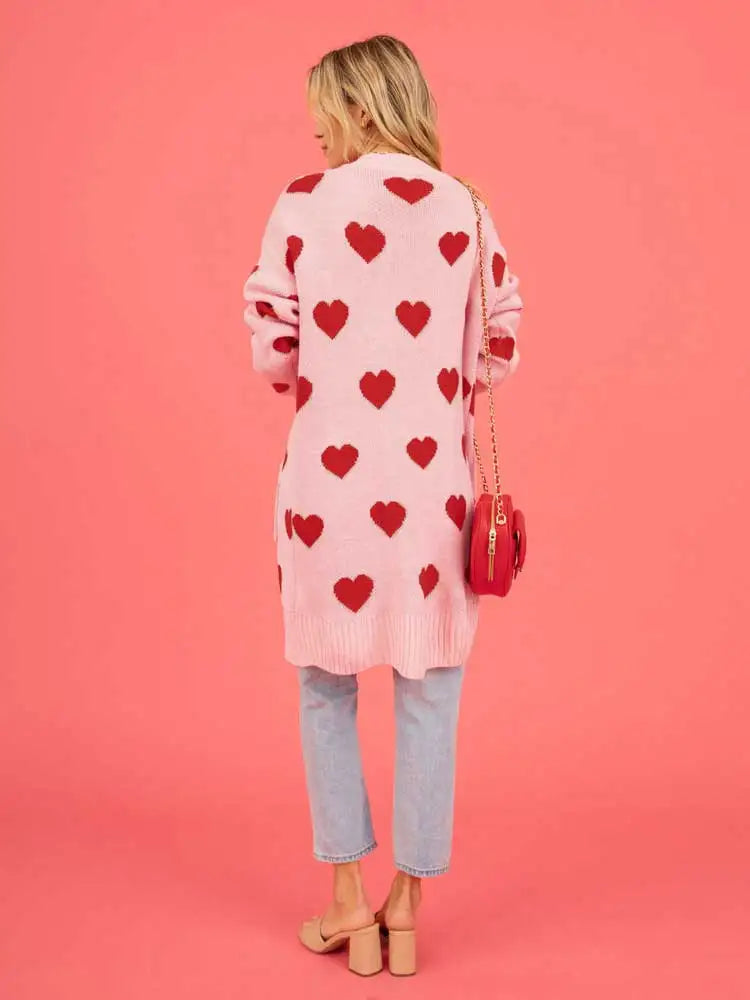 Boho Inspired jacquared hearts long cardigan women long sleeve knitted sweater new autumn winter pink cardigan coat