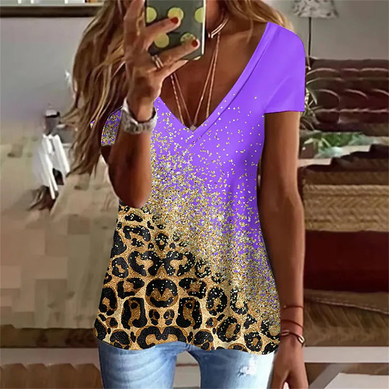 Fashion Leopard 3D Print T-shirt Women Y2k Tops Streetwear Harajuku Short Sleeve T Shirts V-Neck Tees Female Oversized Clothing