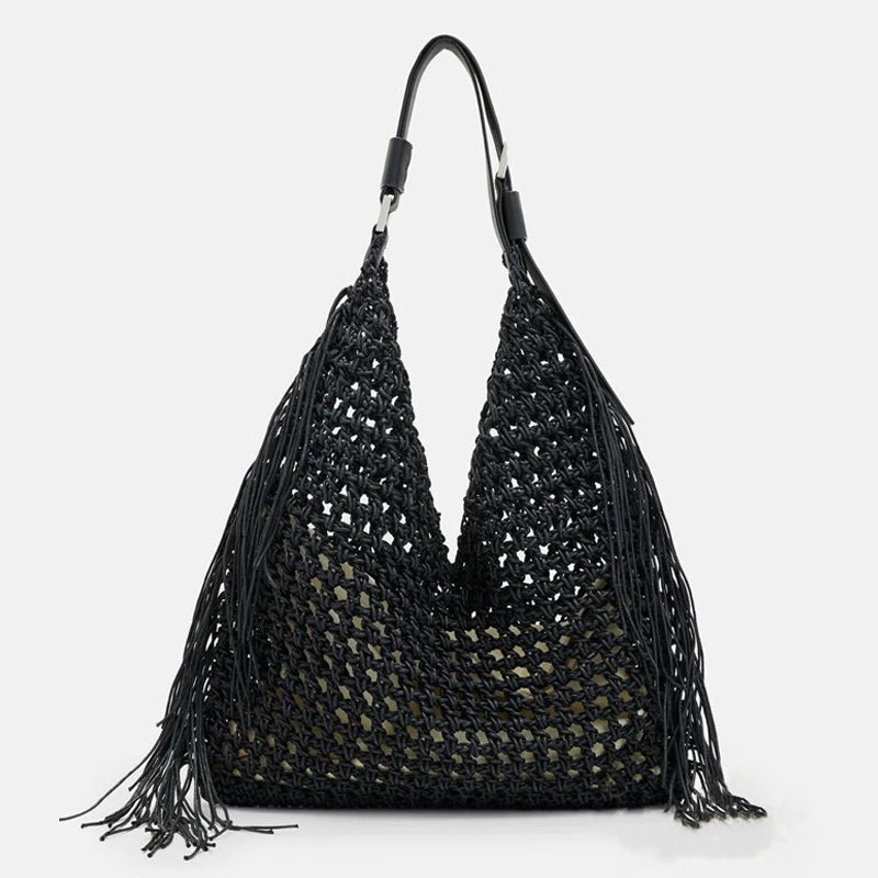 the BEACH BOHO - Hollow Out Hobos Bags for Women, Luxury Designer Handbag/Purse, Weave Large Capacity Tassel Shoulder Straw Beach Bag