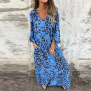 the LOUNGER BOHO - Vintage Leopard Print Bohemian Casual V-Neck Loose Long Sleeve Maxi Dress for Women