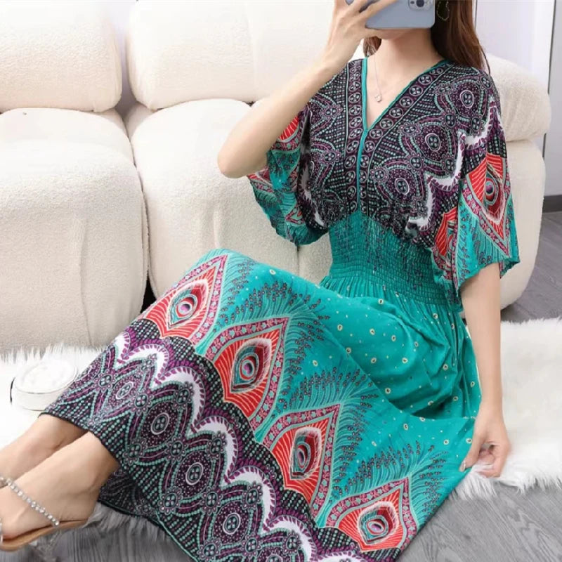 Casual Elegant Retro Bohemian National Style V-neck Elastic  Waist Large Swing Printed Summer Long Skirt Woman Dress Clothes