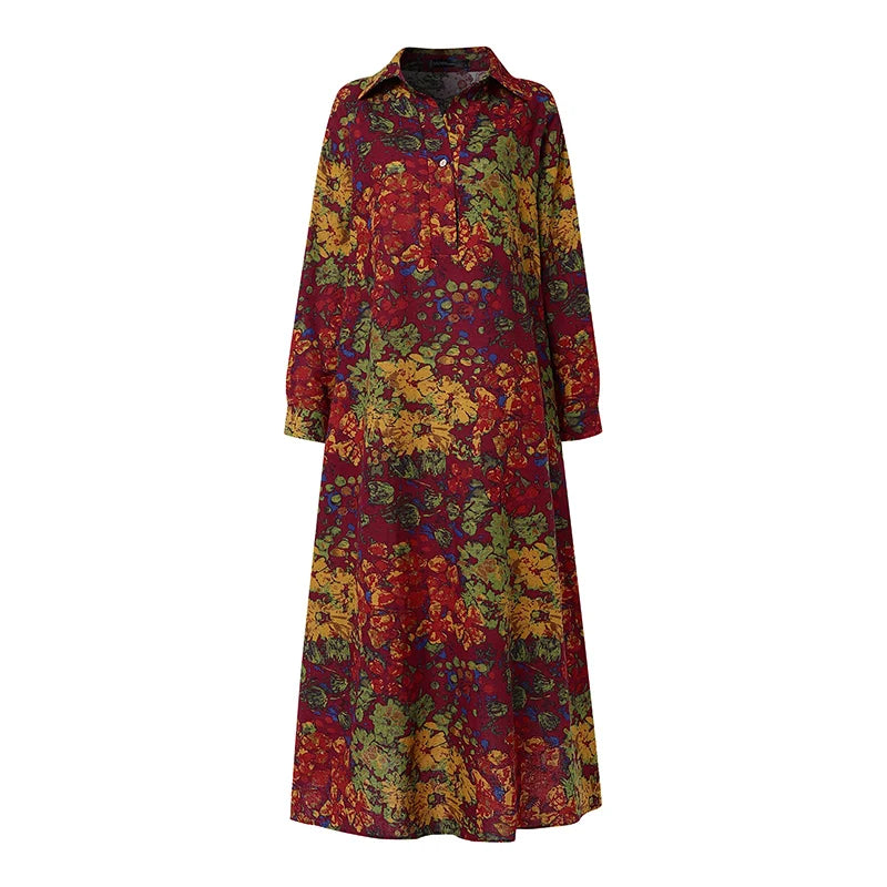 ZANZEA Floral Printed Long Sleeve Cotton Maxi Dress Women Spring 2025 Loose Casual Lapel Neck Shirtdress Streetwear Long Vestido