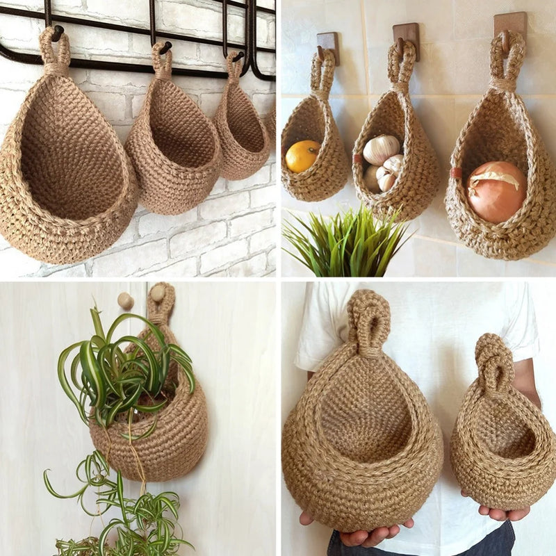 the WOVEN - 1PC Hanging Fruit Basket, Boho Jute Hanging Organizing Baskets, Handwoven Decorative Kitchen Fruit Vegetable Storage Baskets