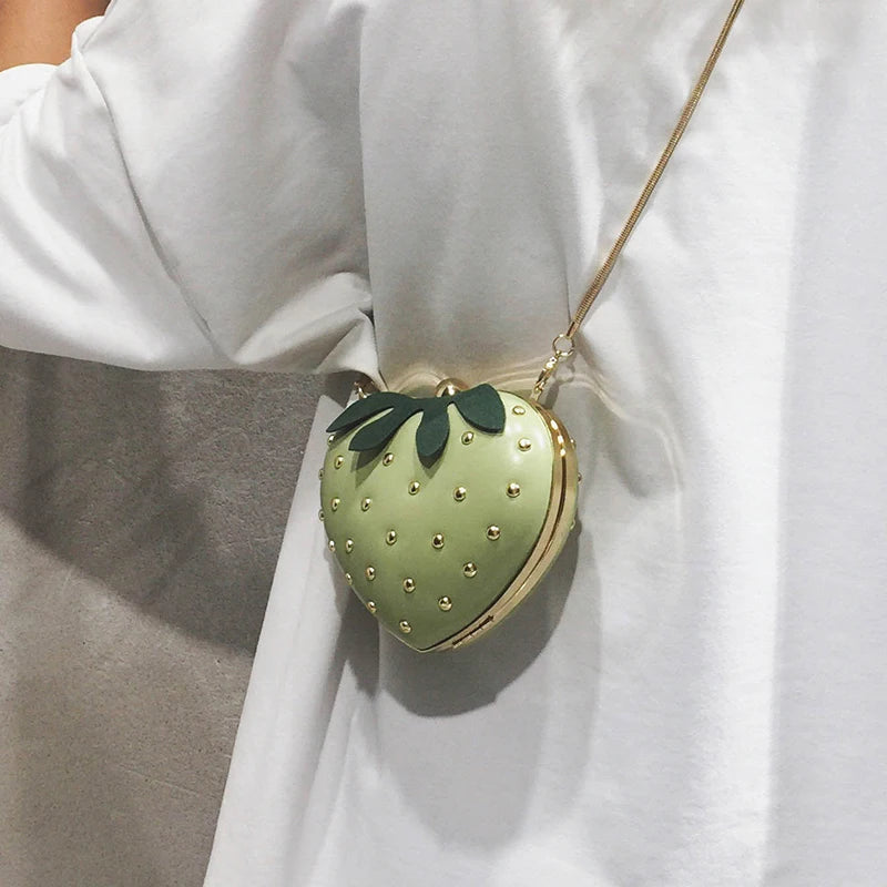 the STRAWBERRY - Cute Fruit Strawberry Heart Shape Pu Rivet Mini Fashion Ladies Chain Purse Clutch Bag