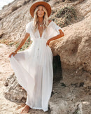 the BEACH BOHO - Summer Long Bikini Cover Ups Solid V-Neck Kimono Beach Lace Up Anti-Sun Swim Bohemian Sarong Dress for Women