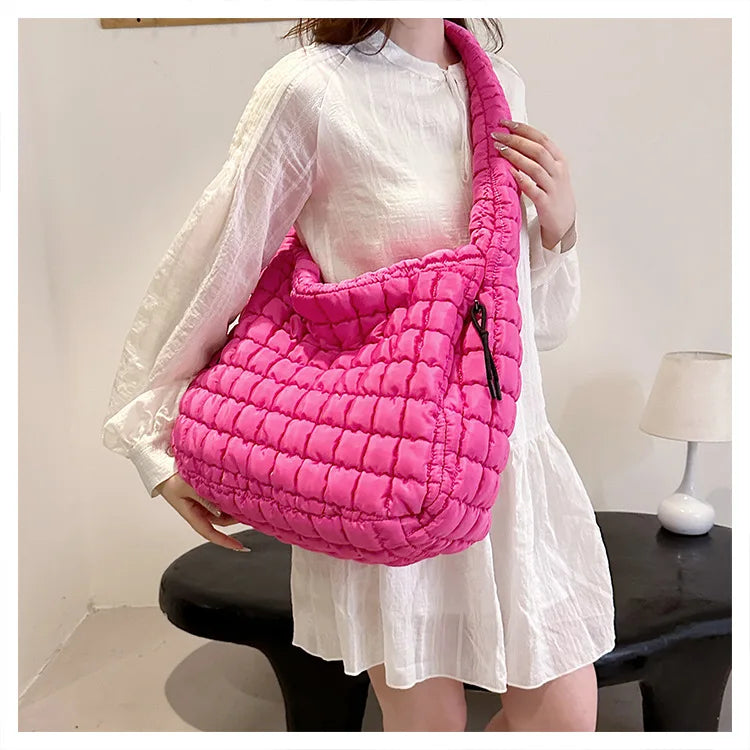 the PUFFY BOHO - Casual Ruched Hobos, Women Shoulder Bags, Quilted Padded Crossbody Bag, Large Capacity Nylon Puffer Tote Bag, Big Shopper Purses