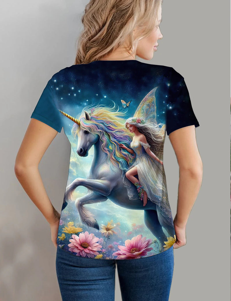 Pegasus Printed Crew Collar T-shirt,Casual Short Sleeve Top For Spring & Summer, Women's Clothing