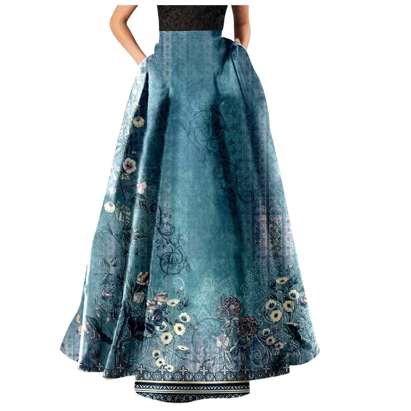 Strip Dress Women Women Bohemian Floral Print Maxi Skirt High Waist Pocket Party Beach Long Skirt Denim Tunic Dress for Women