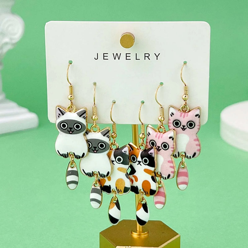 the CAT CLUB - 3 Pairs/Set Fashionable Enamel Cartoon Cute Cat Design Earrings, Jewelry Gifts for Women And Girls