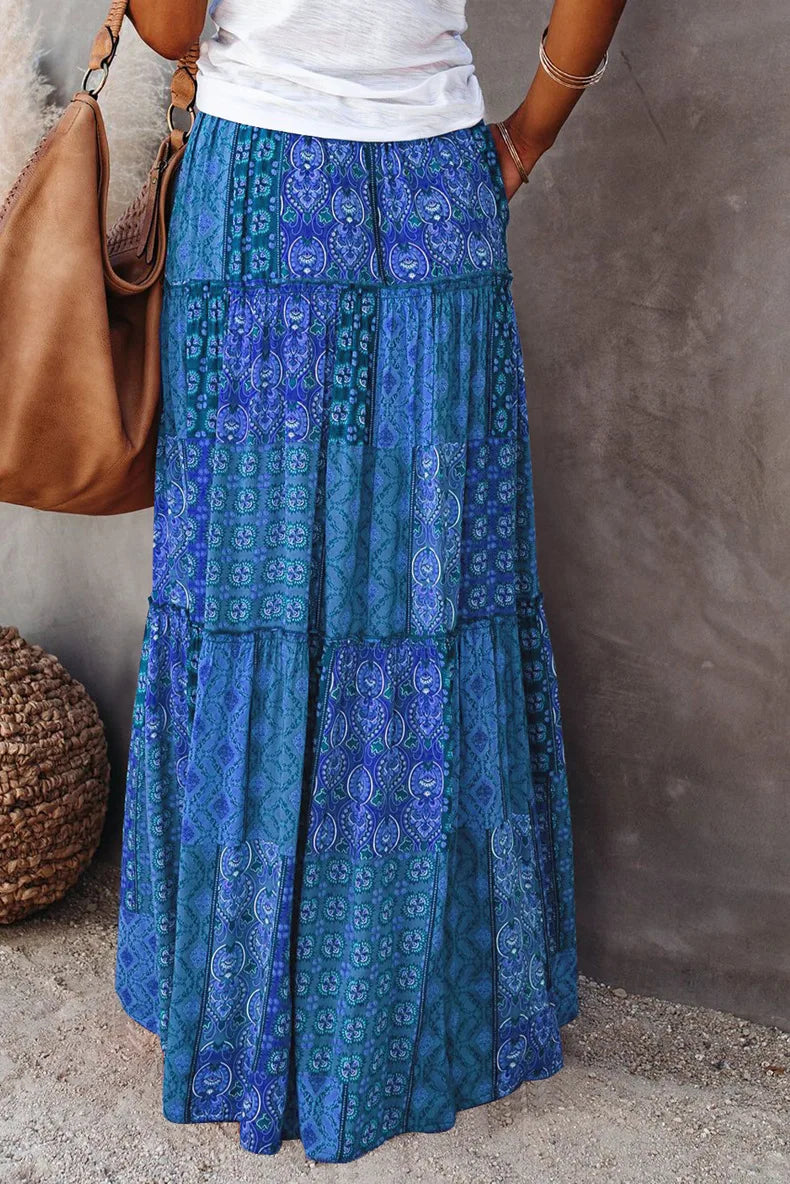 New Long Skirt Retro Skirt Loose Casual High Waist Skirt Bohemian Style Patchwork Pleated Pocket Skirt