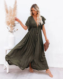the BEACH BOHO - Summer Long Bikini Cover Ups Solid V-Neck Kimono Beach Lace Up Anti-Sun Swim Bohemian Sarong Dress for Women