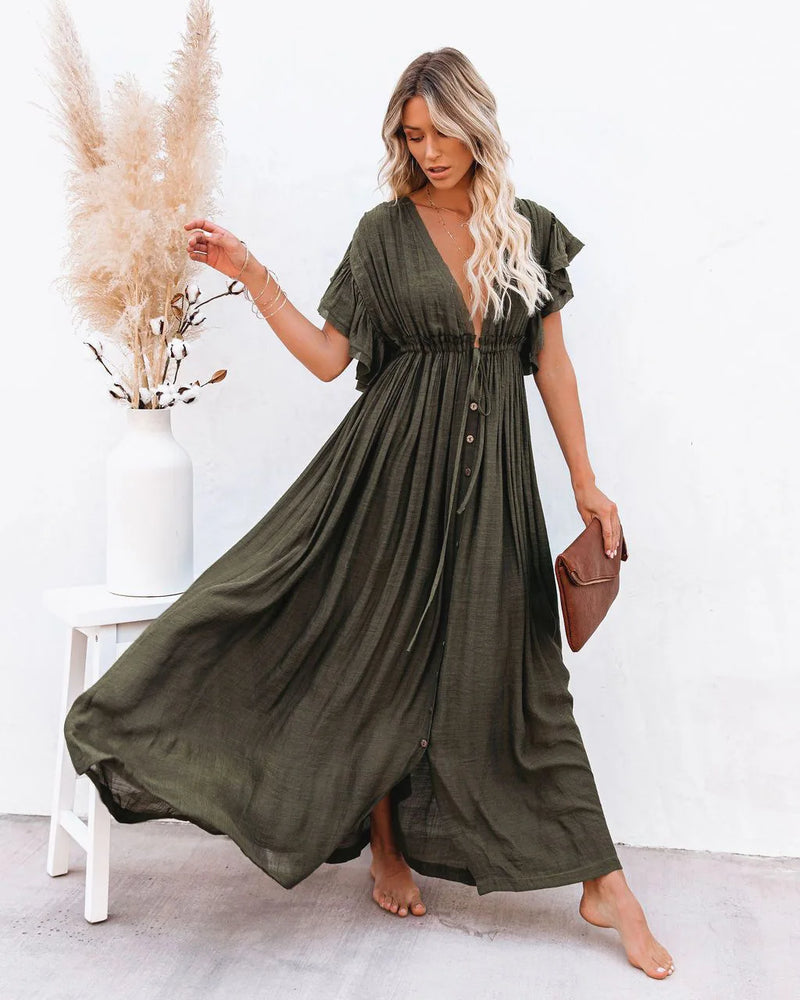 2024 Summer Long Bikini Cover Ups for Women Solid V-Neck Kimono Beach Dresses Lace Up Anti-Sun Swim Dress Bohemian Sarong Skirt