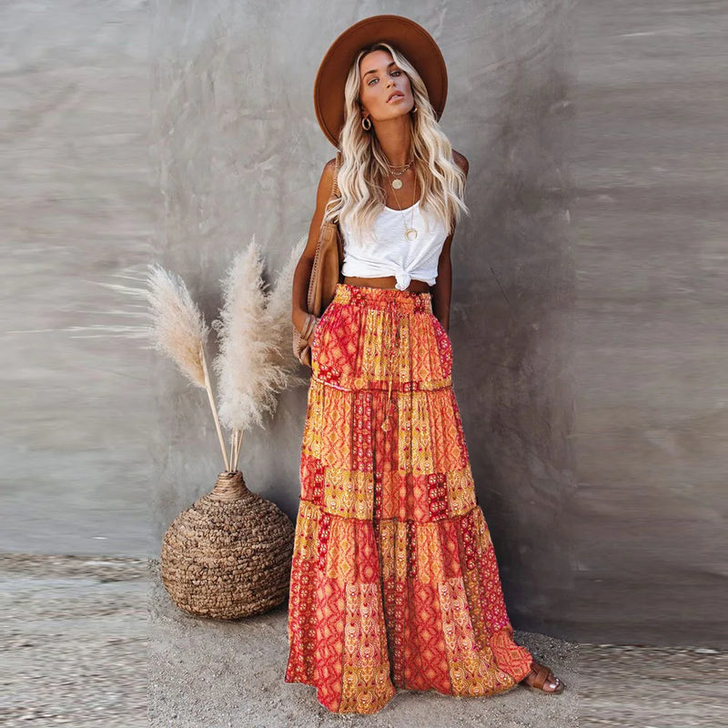 New Long Skirt Retro Skirt Loose Casual High Waist Skirt Bohemian Style Patchwork Pleated Pocket Skirt