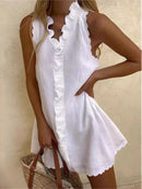 the WHITE SUMMER - Elegant Beach Party Boho Casual Cotton Linen White Summer V-Neck Ruffles Sleeveless Mini Dress