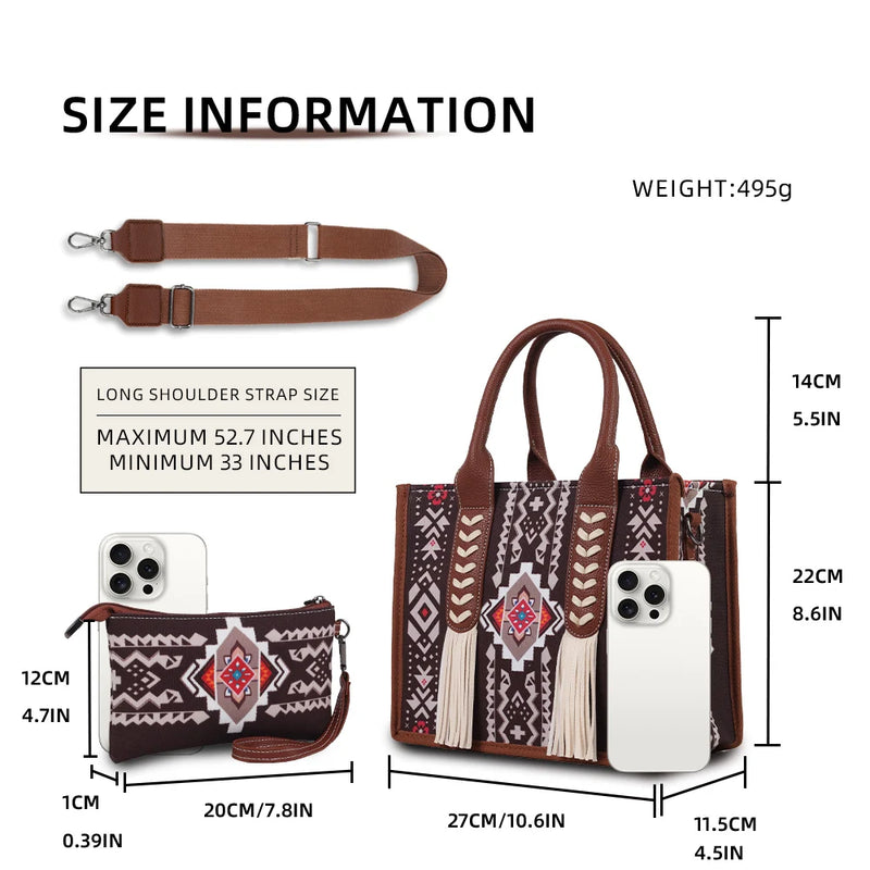 the NAVAJO - Ethnic Print Hand-Held Crossbody Bag Set with Tassel Decoration and Small Coin Purse