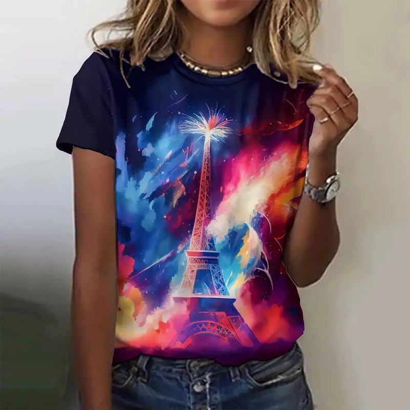 Summer Paris Eiffel Tower 3D Print T-shirts Women Streetwear Casual Fashion Y2k Short Sleeve T Shirt O-neck Tees Tops Clothing