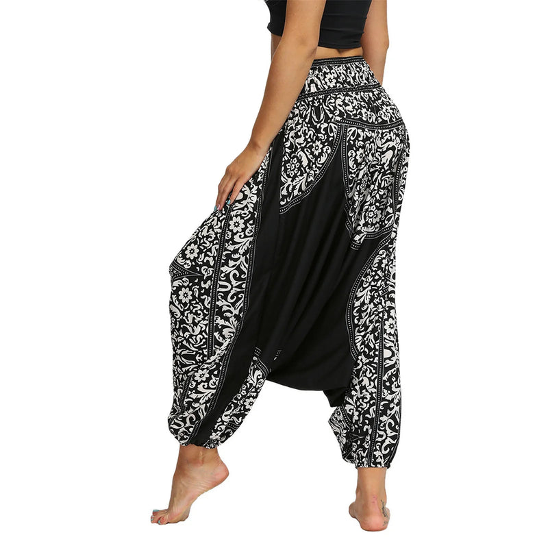 Women Bohemian Harem Pants Elastic Waist Wide Leg Long Pant Vintage Printed Trousers Female Loose Capris Ladies Streetwear