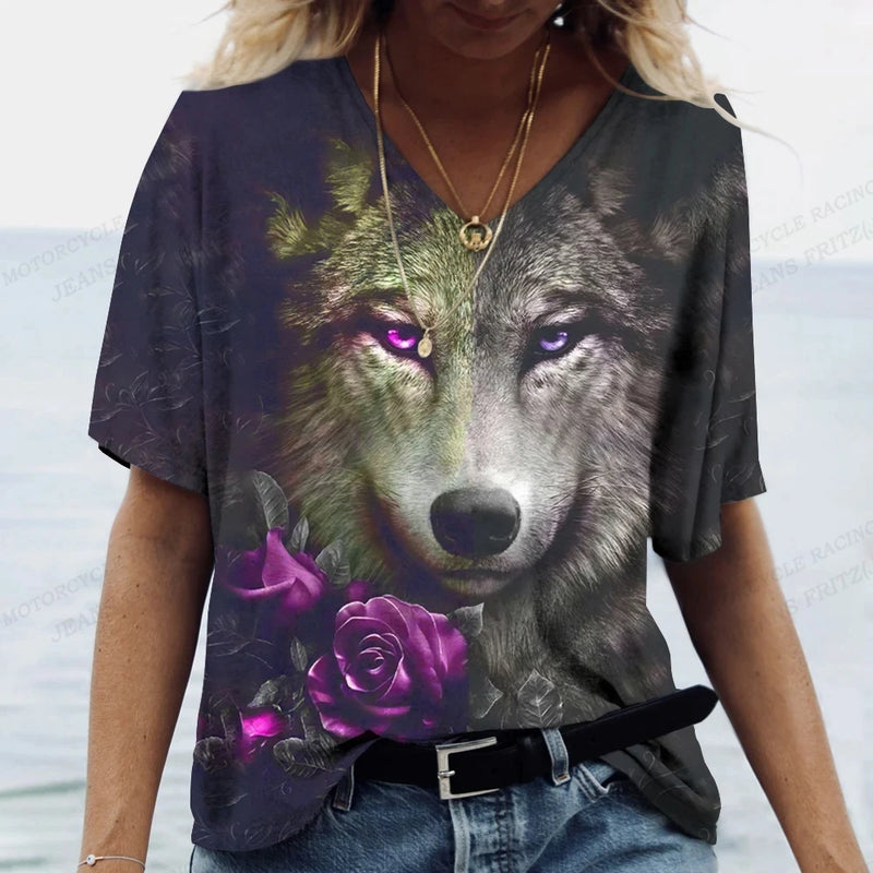 Women's T-shirts Animal Wolf 3d Print Tshirt Women Fashion T-shirt V-Neck Graphic T Shirts Women's Clothing Female Tops Summer