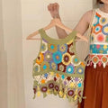 Summer Bohemian Hollow Knitted Vest Crop Top Floral Sleeveless Cami Women O-neck Beach Top Women Short Crocheted Tassels Out Top