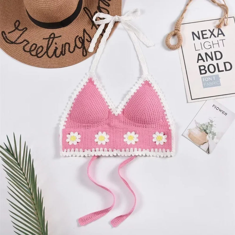 National Style Women Swimwear Top Fashion Bohemian Beach Wear Outfit with Chest Pads Summer Sling Sexy Crochet Short Vest