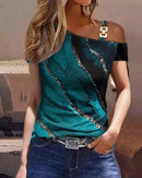 the BUCKLE - Summer Fashion Metal Buckle Oblique Collar Casual Short Sleeved Printed T-Shirt Tops