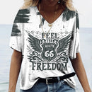 the ROUTE 66 - Pattern 3D Print V-Neck Casual Short Sleeve Oversized Pullover Fashion T-Shirts for Women