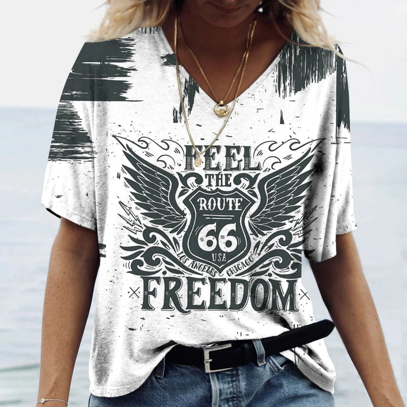 Hot US Route 66 Pattern 3D Print Women's V-Neck T-shirts Casual Lady Short Sleeve Oversized Pullover Fashion Tops Women Clothes