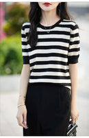 the CASHMERE - Sweater Short Sleeved Striped Sweater Pullover Knitted Cashmere Sweater for Women