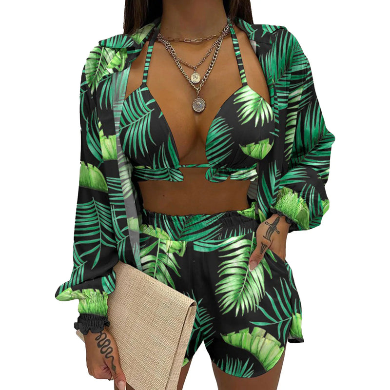 2024 Bohemia Beach Summer Women Clothing Outfits Fashion Spring Sling Tops Long Shirt Short Pants 3 Pcs Sets