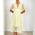 New Sexy Hollow Out Slim Beach Long Dresses Summer Elegant Multicolor Lace Maxi Dress Women V Neck Puff Sleeve High Waist Dress