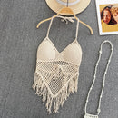 the BOHO CAMISOLE - Knitted Tassels Hollow Out Bohemian Style Sleeveless Sexy Corset Crop Tops Beach Tank Top Camisole