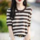 the CASHMERE - Sweater Short Sleeved Striped Sweater Pullover Knitted Cashmere Sweater for Women