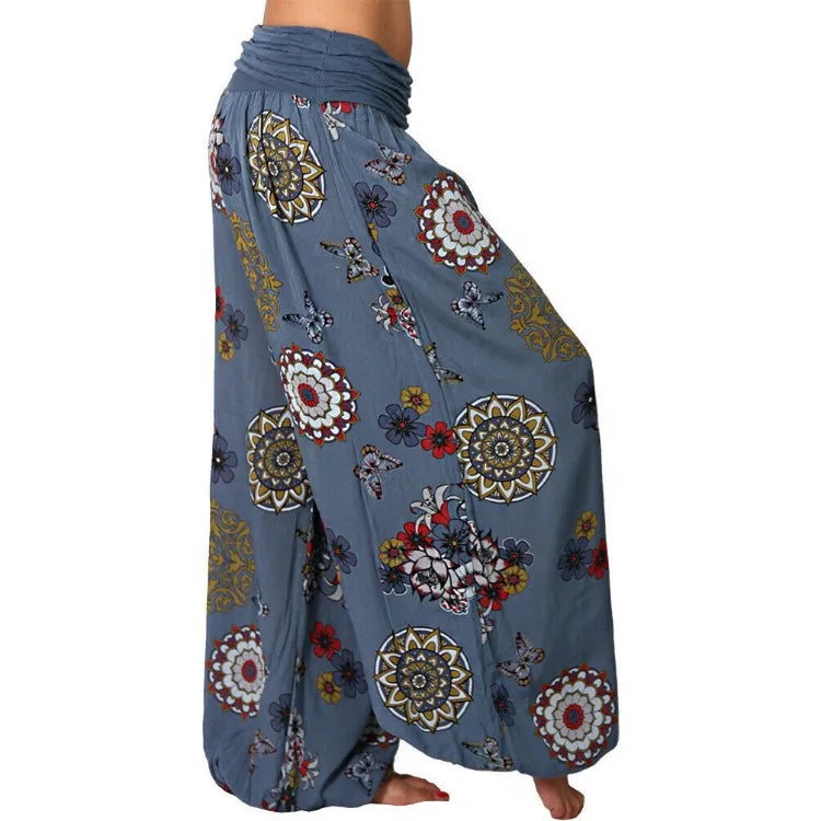 Summer Women's Fashion Floral Print Long Wide Leg Pants  Elastic Waist Haren Pants Casual Pants Haren Pants