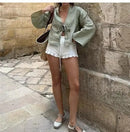 the BOHO TIE - Female Street Tops Linen Lace Up Long Sleeve Fashion Chic Casual Loose V-Neck Shirt