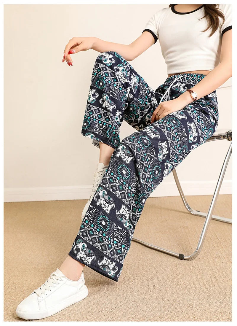 Women Wide Leg Pants High Waist Elephant Print Pant Summer Thin Straight Trousers Casual Bottoms Female Clothing 2023 Fashion