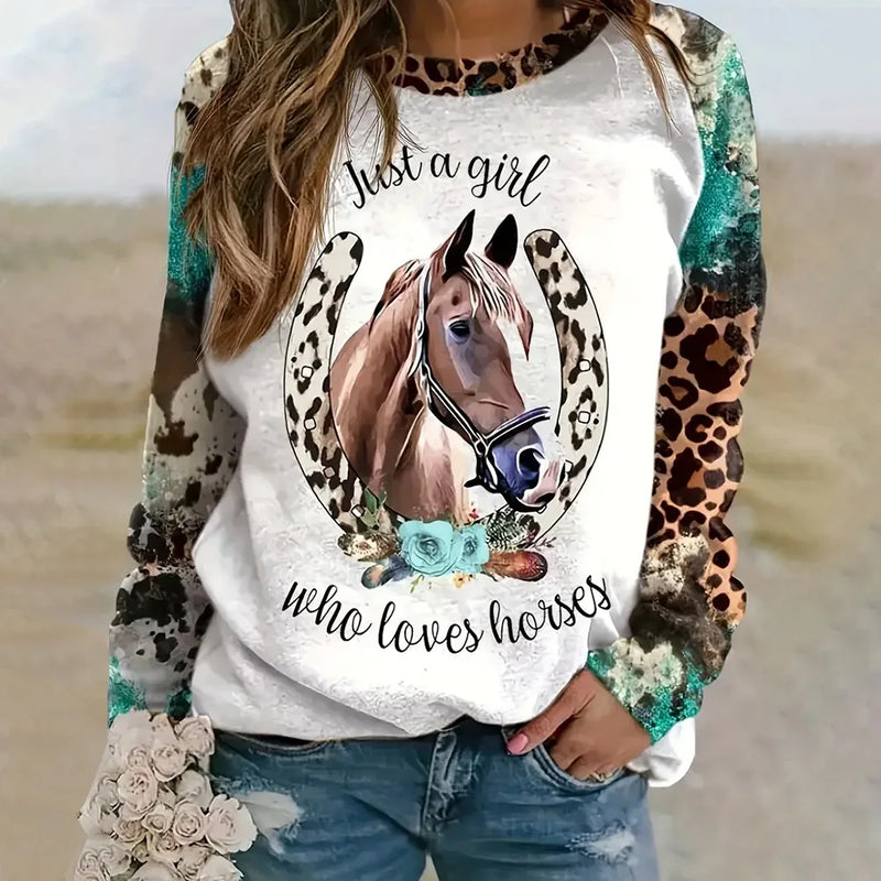 2024 New Women's Long Sleeve Tops Fashionable 3d Horse Pattern Printed Blouse Tops Leopard Style Loose Pullovers Winter Autumn