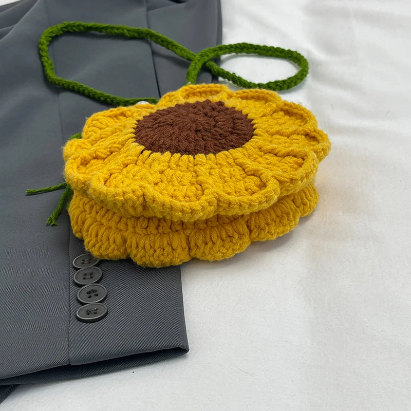 the KNITTED FLOWER - New Fashion Sunflower Pattern Women's Mini Knitted Handbag, Female Woven Shopper Purse, Lovely Design Chain Shoulder Crossbody Bag