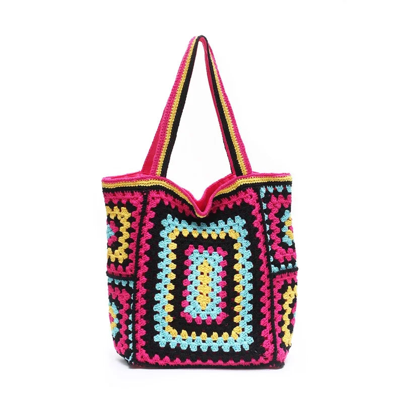 the CANCUN BOHO - Bohemian Crochet Women Shoulder Bags, Knitting Large Capacity Tote Bag, Casual Lady Handbags, Big Shopper Purses/Summer Beach Bags