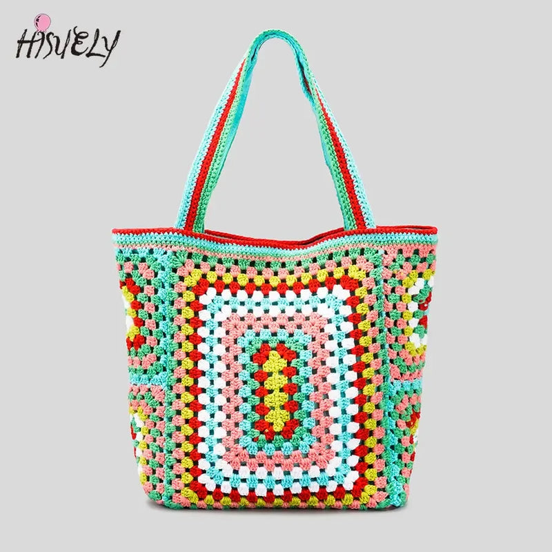 the CANCUN BOHO - Bohemian Crochet Women Shoulder Bags, Knitting Large Capacity Tote Bag, Casual Lady Handbags, Big Shopper Purses/Summer Beach Bags