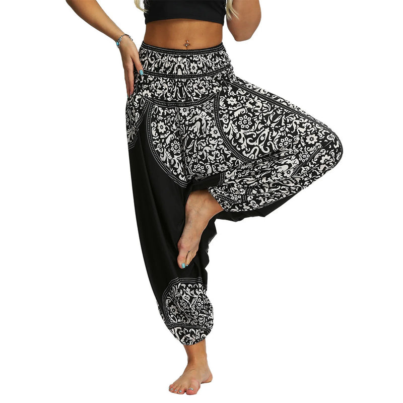 Women Bohemian Harem Pants Elastic Waist Wide Leg Long Pant Vintage Printed Trousers Female Loose Capris Ladies Streetwear