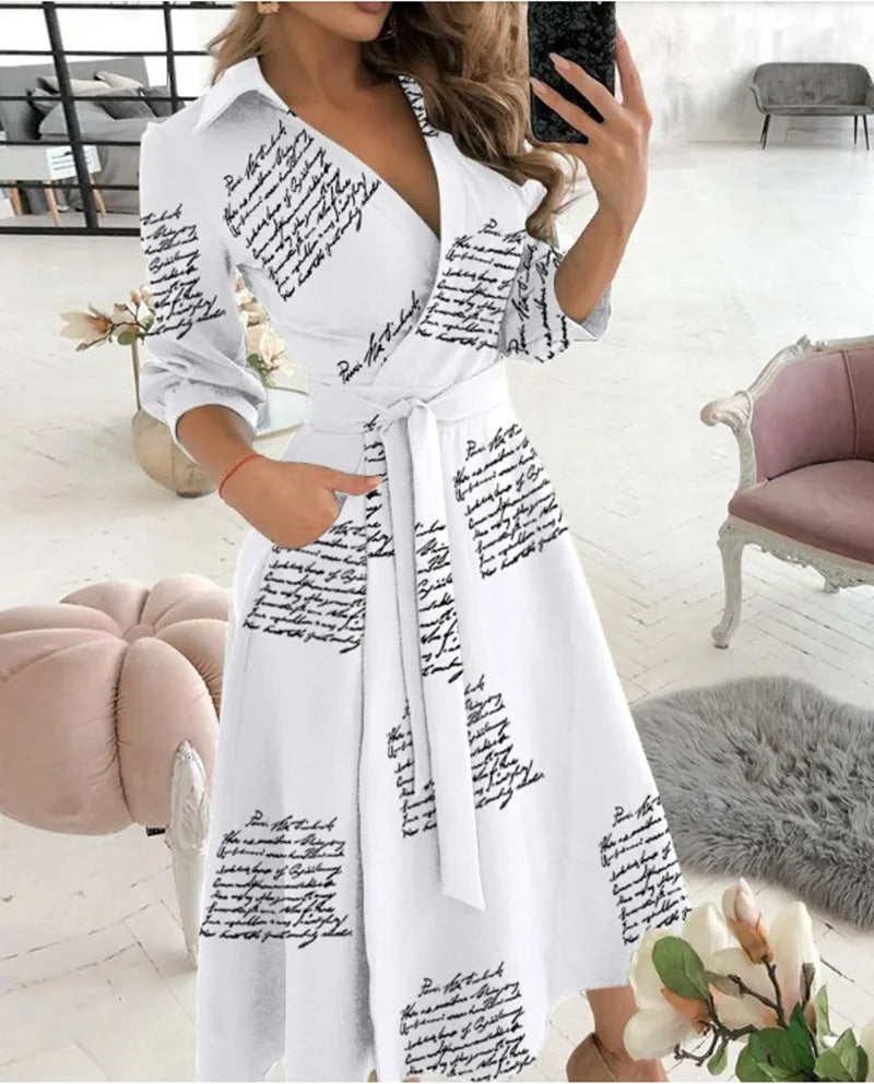 Women V-Neck Dress Spring And Summer New Fashion Three Quarter Sleeve Printed Women's Dress With Waist Tie Up Polo Long Dress