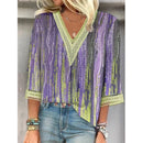 the RAINDROP - Women's Vintage Print Hollow Lace Patchwork Elegant Spring/Summer Trendy Casual V-Neck 3/4 Sleeve Loose Blouse Tops