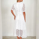 the BROCADE BOHO - Elegant Summer Hollow Out Slim Beach Long Lace Maxi Dress V Neck Puff Sleeve High Waist Dress