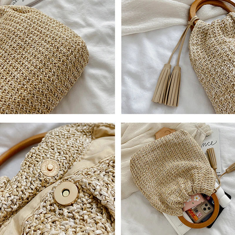 the WOVEN BAG - Straw Bag Rattan Woven Round Tassel Handbag for Women, Large Capacity Shoulder Tote Purse, Ladies Holiday Wood Handle Shopping Bag