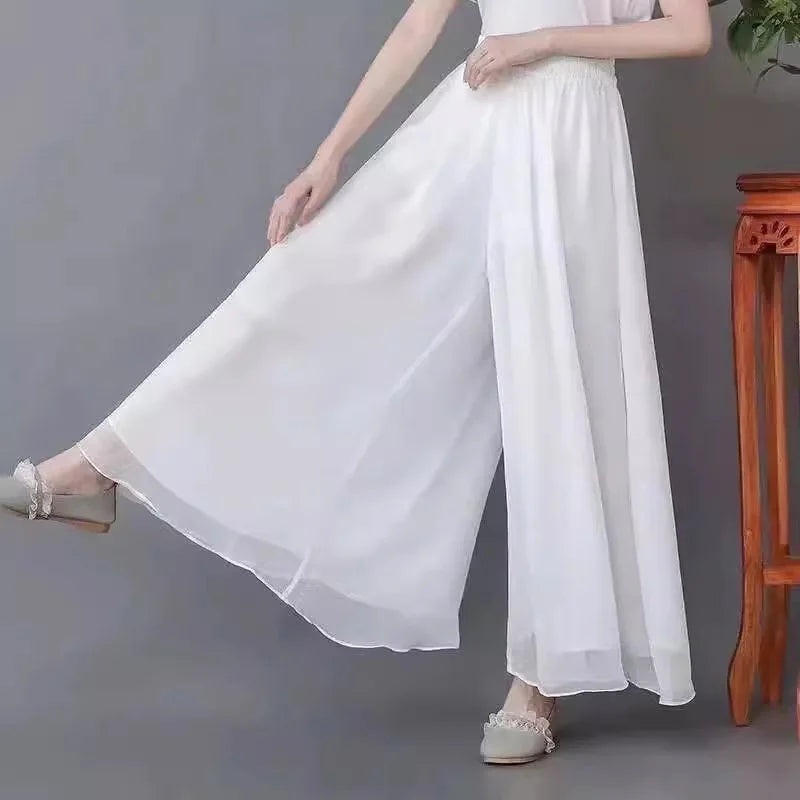 the CHIFFON BOHO - Elegant Fashion Casual Chiffon Elastic Waist Wide Leg Pants