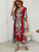 the BOHO SMOCK - Bohemian V-Neck Short Sleeve Beach Smock Summer Loose Casual Sunscreen Print Boho Long Dresses For Women