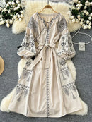 the INDIE BOHO - Bohemian Retro Ethnic Style Spring Autumn Embroidered Lace Up Lantern Sleeves Waist Cinching Long Dress